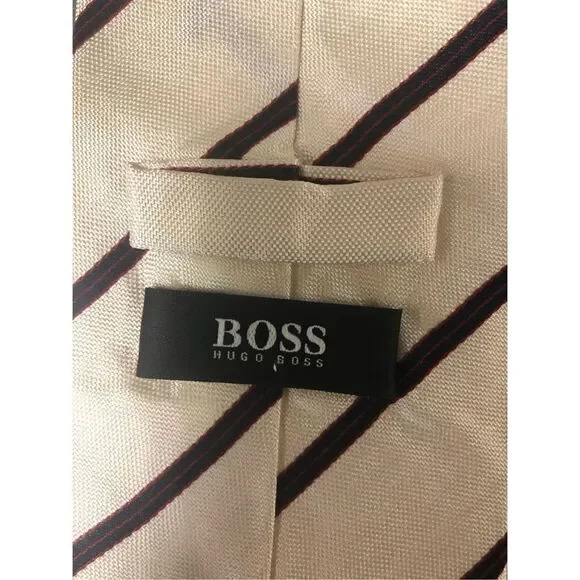 Boss Hugo Boss Men’s Silk Red and Cream Striped Dress Tie - Picture 3 of 8